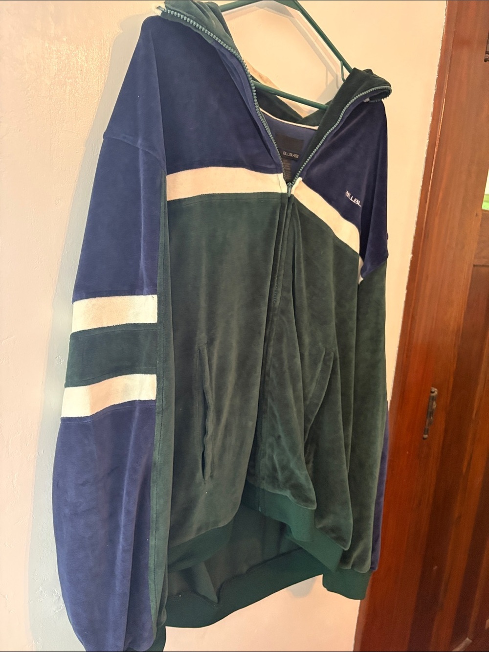 Billblass Green, Navy & Cream Velour Zip Jacket Hoodie - Picture 5 of 9
